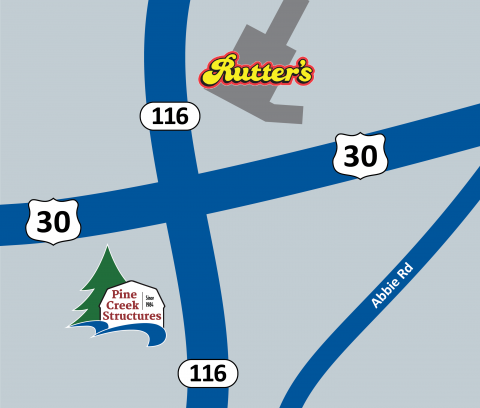 Map of Pine Creek Structures of York located at intersection of Route 116 and Route 30 (Near Rutter's)