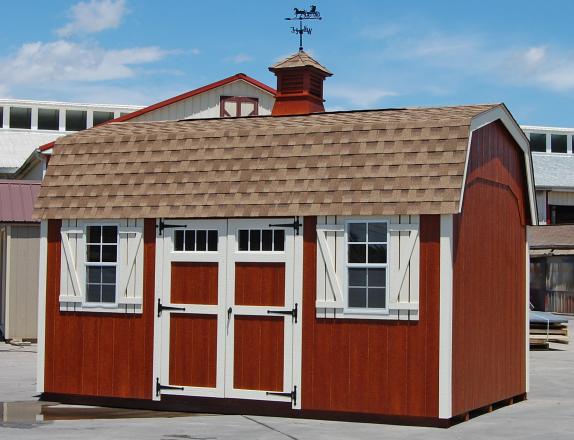 Pine Creek 10x16 HD New England Dutch Barn with Redwood walls, Navajo trim and shutters, and Shakewood shingles