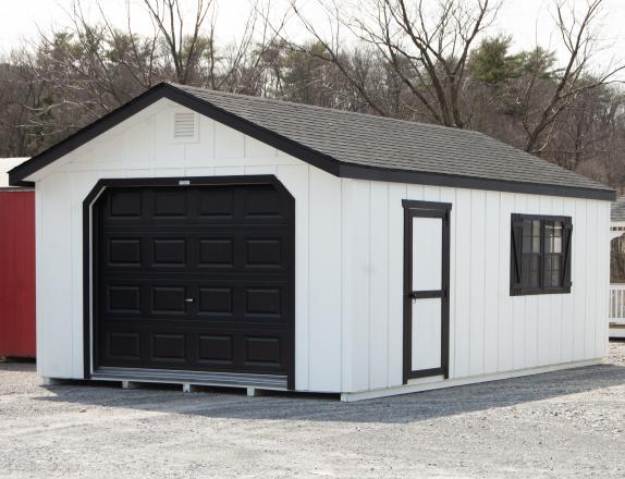 14x24 Peak Garage Portable Building with White LP Board 'N' Batten Siding and Black Trim