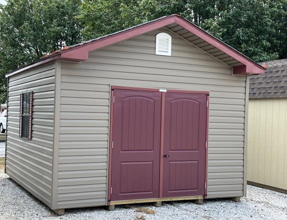 12x14 Vinyl Peak Front With work Bench & Peg Board 