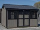 10x14 Peak Storage Shed with New England Package (wide trim, transom windows, etc), driftwood grey LP siding, black trim, and black metal roofing